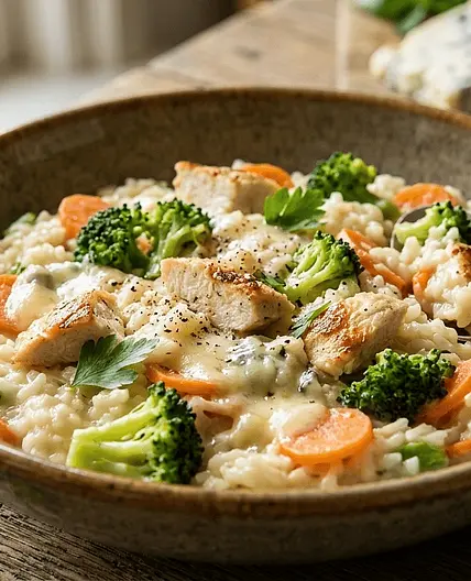 Riz au gorgonzola parsemé de légumes