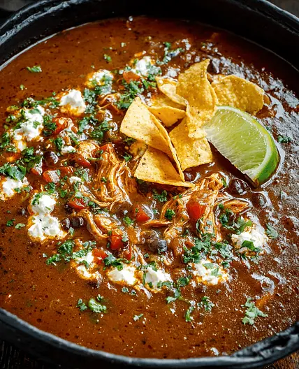 Smoky Black Bean & Shredded Chicken Soup with Chipotle and Lime