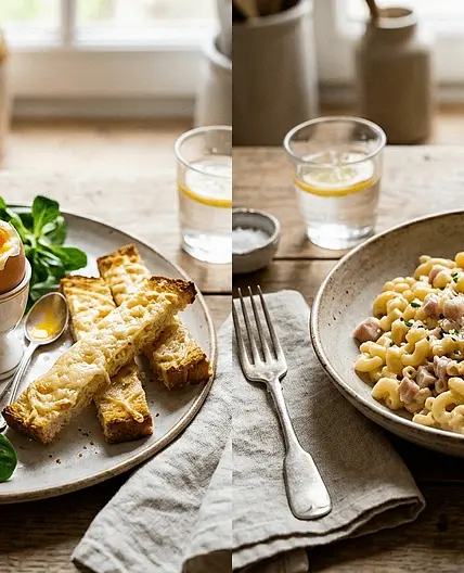 Coquillettes parmesan au jambon suivi de l'oeuf à la  coque accompagné d'une salade