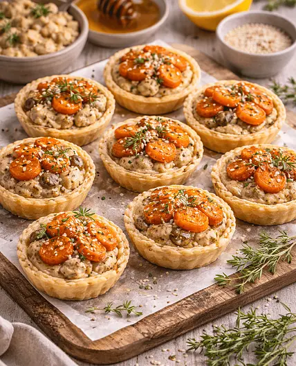 Tartellette con tuna salad veg e carote caramellate