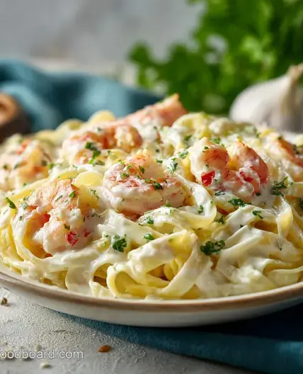 Creamy Shrimp Fettuccine Pasta with Homemade Alfredo Sauce and Garlic
