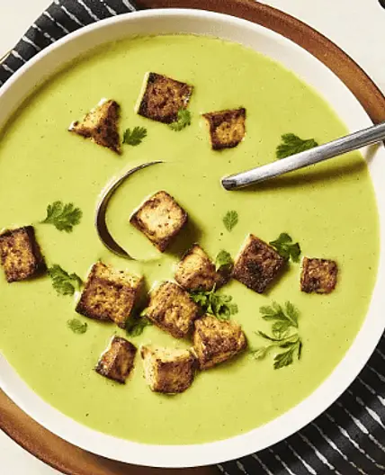 Charred Poblano Soup with Toasted Tofu