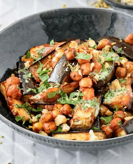 Roast Aubergine with green tahini dressing