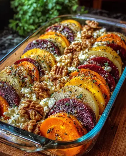 Mediterranean Layered Beet, Sweet Potato and Feta Gratin with Walnuts