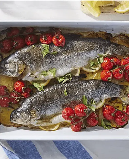 Whole Baked Trout With Cherry Tomatoes and Potatoes