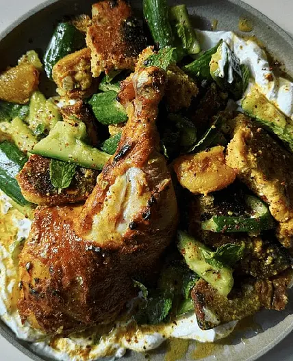 Turmeric Chicken with Schmaltzy Pita and Cukes