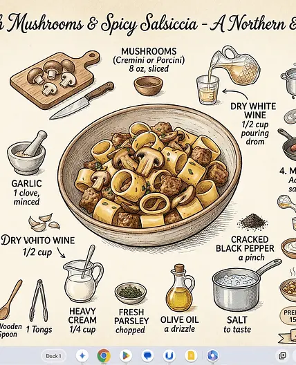 Calamarata with Mushrooms and Spicy Salsiccia