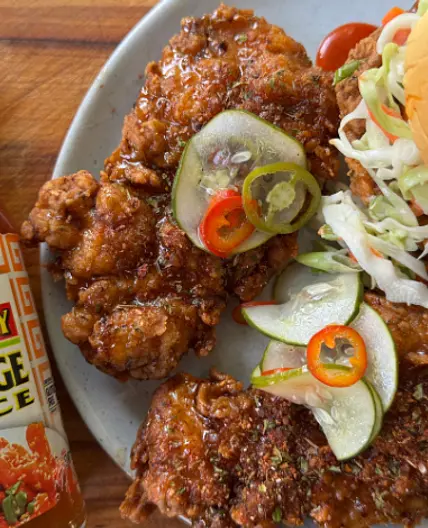 Southern Fried Chicken Sandwich with Orange Glaze & Pickled Chilis