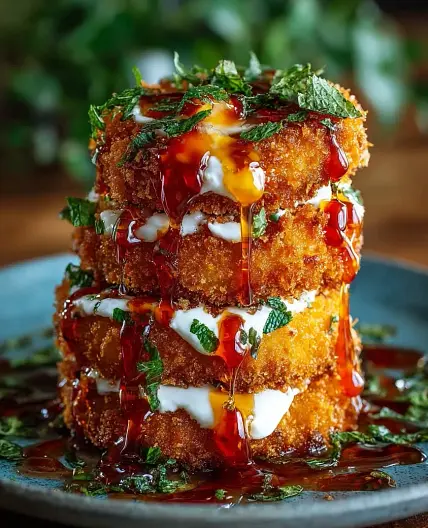 Crispy Sweet Potato Cakes with Feta Cream & Sriracha Honey