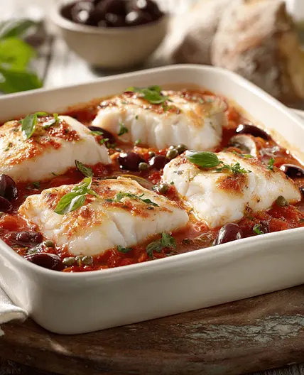 Baked Haddock With Tomatoes, Olives & Caperberries