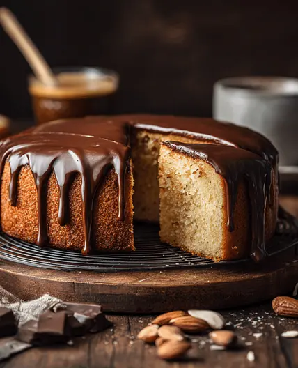 Sweet Kahlua Almond Cake with Chocolate Glaze