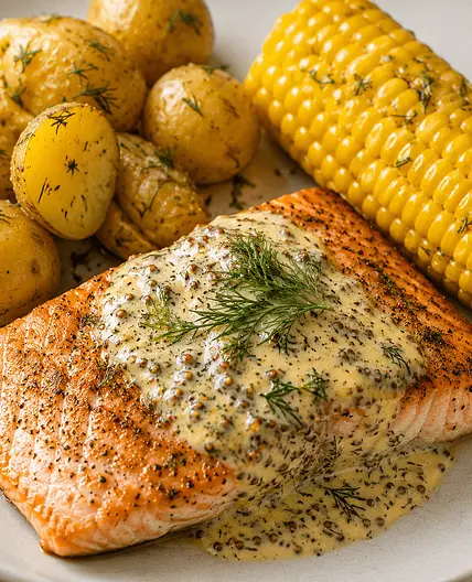 Salmon with dill yogurt mustard sauce and baby potatoes