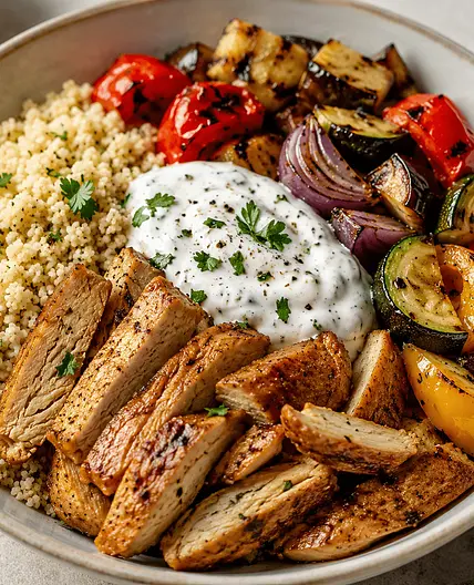 Couscous mit Grillgemüse, Planted Chicken und Joghurtsauce