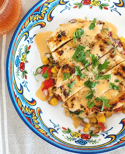 Yum Yum Chicken with Grilled Corn and Avocado Salad