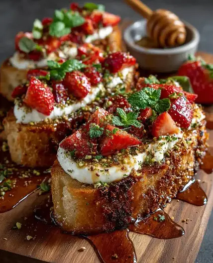 Crispy Sourdough with Whipped Brie, Roasted Strawberry, Hot Honey & Pistachio Dust