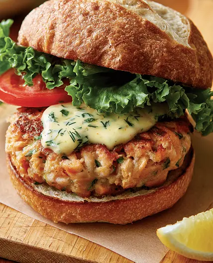 Salmon Burgers with Dijon Dill Sauce