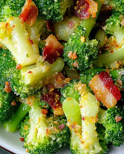 Crispy Bacon-Topped Broccoli with Garlic Sauce Bliss