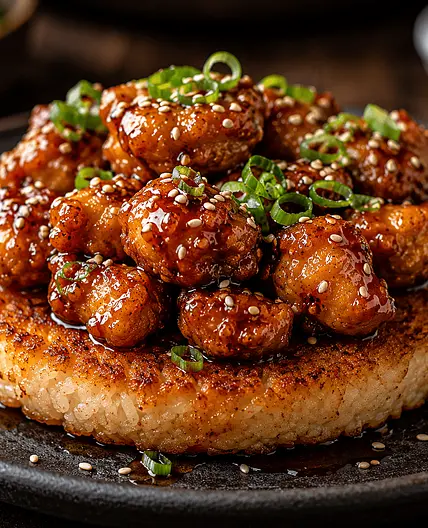 Crispy Coconut Rice Patty with Sticky Asian Fried Chicken