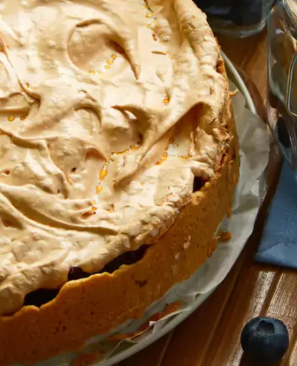 Tarte aux myrtilles et à la rhubarbe meringuée
