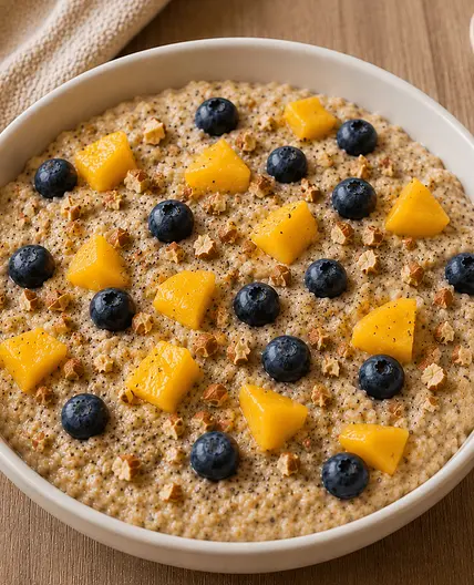 Oatmeal with blueberries and mango
