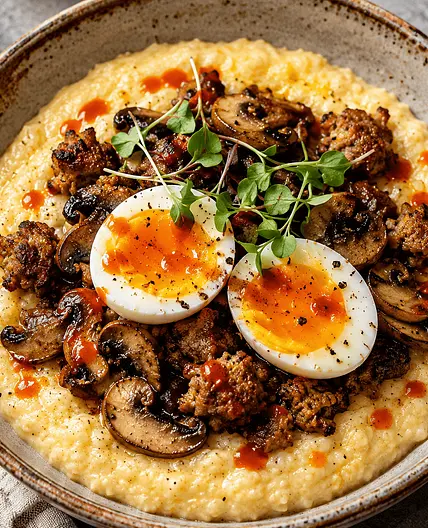 Cheddar Grits with Sausage, Mushrooms & Jammy Eggs