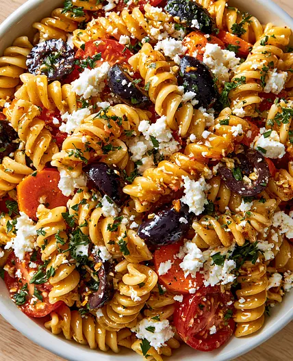 Greek Pasta Salad with Homemade Avocado Oil Dressing