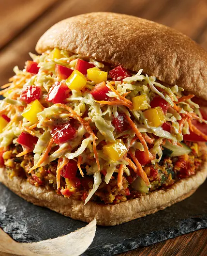 Capsicum Veggie Burger with Creamy Pepper Slaw