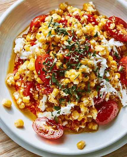 Tomato and Corn Salad with Mozzarella and Spinach