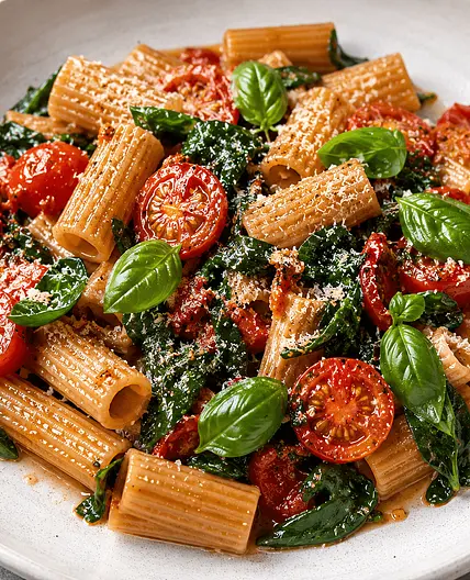 Creamy Three-Cheese Rigatoni with Cherry Tomatoes, Spinach and Basil