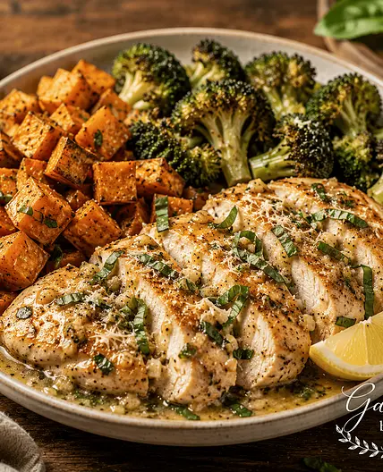 Garlic Basil Chicken with Roasted Sweet Potatoes