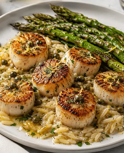 Seared Scallops with Lemon-Parmesan Orzo, Asparagus & Brown Butter