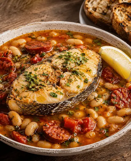 Hake Steaks with Chorizo, White Beans & Saffron Broth