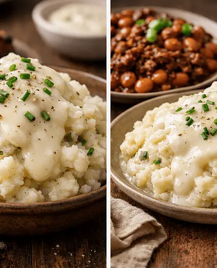 Mashed Cauliflower + Canned Potatoes + Vegan Alfredo Gravy side