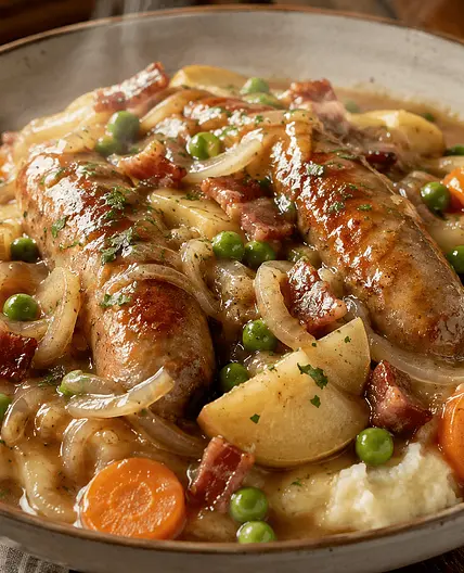 Sausage, Bacon, Onion & Cider Casserole with Creamy Mash