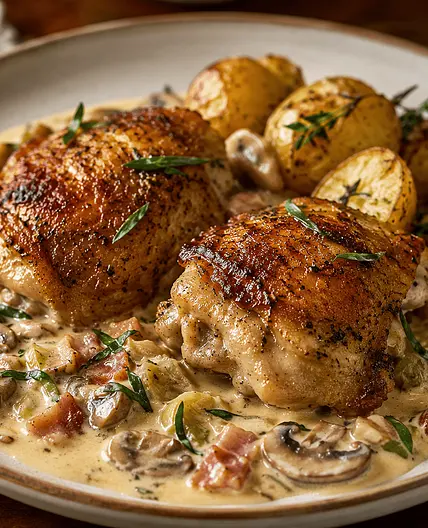 Chicken Thighs with Mushrooms, Tarragon & Dijon Cream