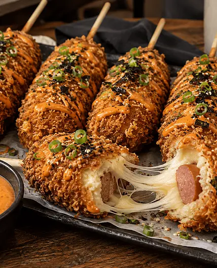 Korean Corn Dogs with Ramen-Panko Crunch & Gochujang-Garlic Mayo