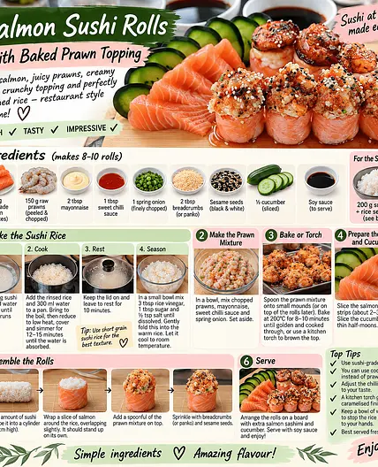 Lolo's Salmon Sushi Rolls with Baked Prawn Topping