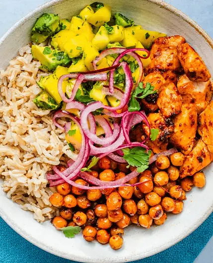 Harissa Salmon Bowl with Mango and Avocado Salsa
