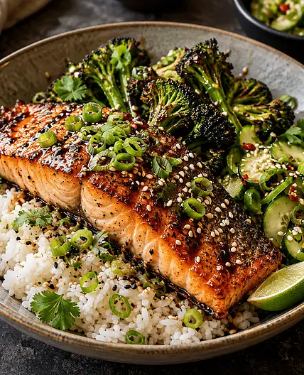 Miso-Maple Salmon with Sesame Rice, Charred Broccoli & Cucumber Salad