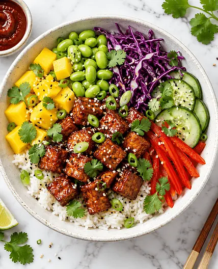 Mango Gochujang Tempeh Rainbow Rice Bowl