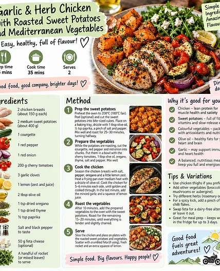 Lolo's Garlic & Herb Chicken with Roasted Sweet Potatoes and Mediterranean Vegetables