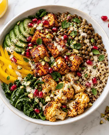 Harissa Pomegranate Tofu & Lentil Power Bowl