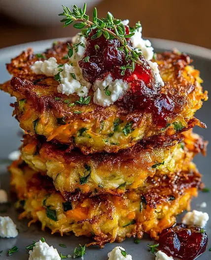 Crispy Sweet Potato Zucchini Fritters with Feta and Cranberry Honey