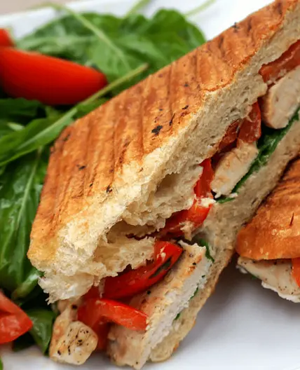 Chicken, Bell Pepper & Goat Cheese Panini with Arugula Tomato Salad