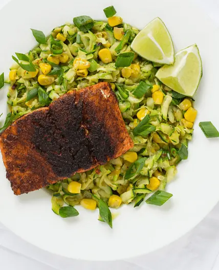 Chili-Rubbed Salmon with Warm Zucchini & Corn Salad