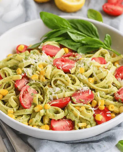 Creamy Avocado Fettuccine with Corn & Cherry Tomatoes