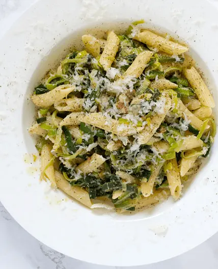Creamy Leek & Bacon Pasta with Goat Cheese