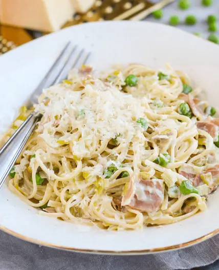Creamy Leek, Prosciutto & Pea Linguine with Parmesan