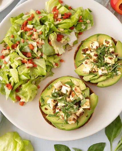 Garlic-Avocado Toast with Marinated Mozzarella, Basil & Side Salad