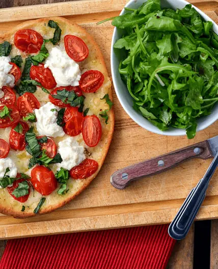 Grape Tomato, Basil & Ricotta Flatbread Pizza with Arugula Salad
